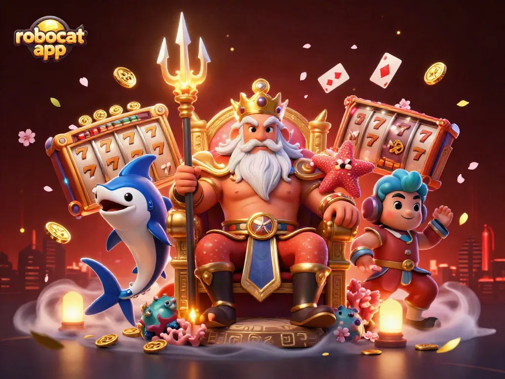 Engage with the robocat app in a vibrant 3D casino scene full of slots, poker elements, and luck.